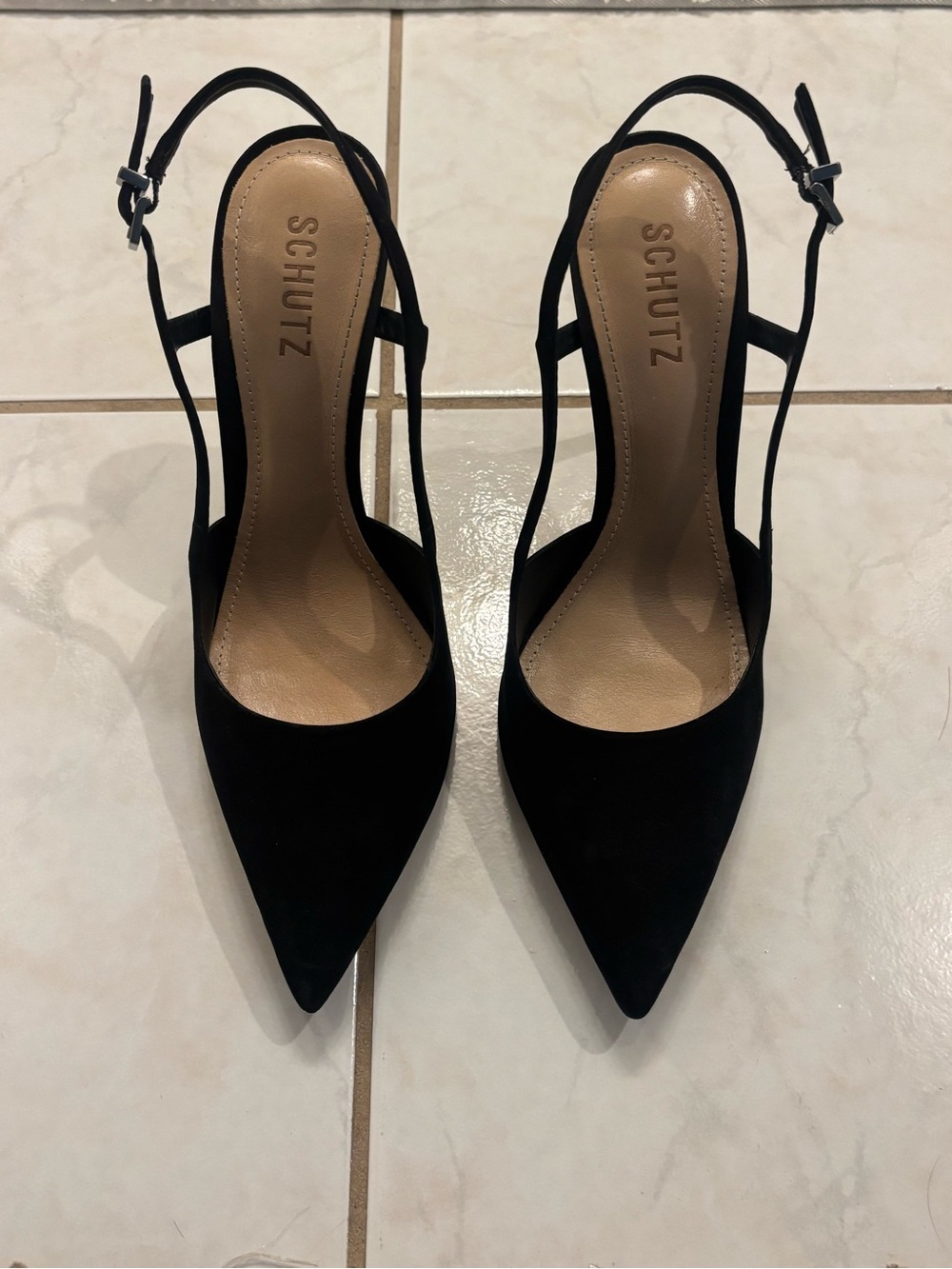 SCHUTZ Black Pointed Slingback Heels / 9 / Suede